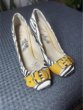 Naughty Monkey Y2K Zebra Pumps with Yellow Buckle Accent